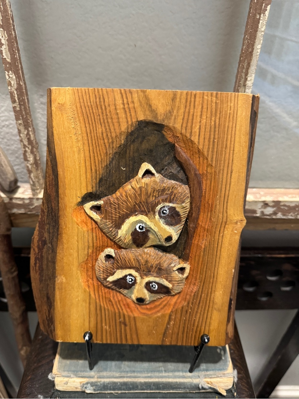 Vintage Hand-Carved Brown Wood Raccoon Art